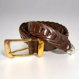Fossil Leather Belt Mens 36 Braided Woven Brown Brass Buckle MB2347 Vintage